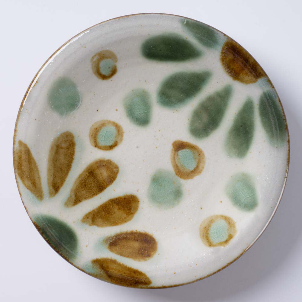 やちむん工房瀬底島ポタリー 五寸皿 花柄ドット茶と緑 ¥3,080 大人の焼き物