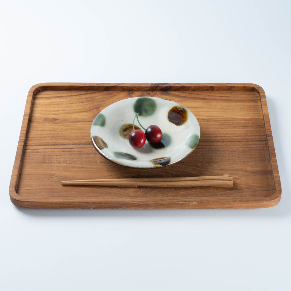 やちむん工房瀬底島ポタリー 五寸皿 ランダムドット茶と緑