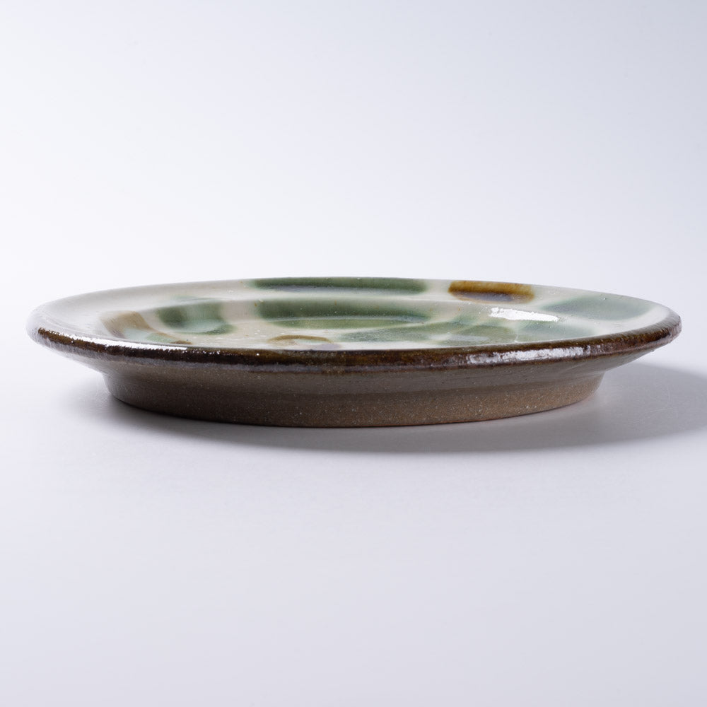 やちむん工房瀬底島ポタリー 六寸リムプレート 花柄ドット茶と緑