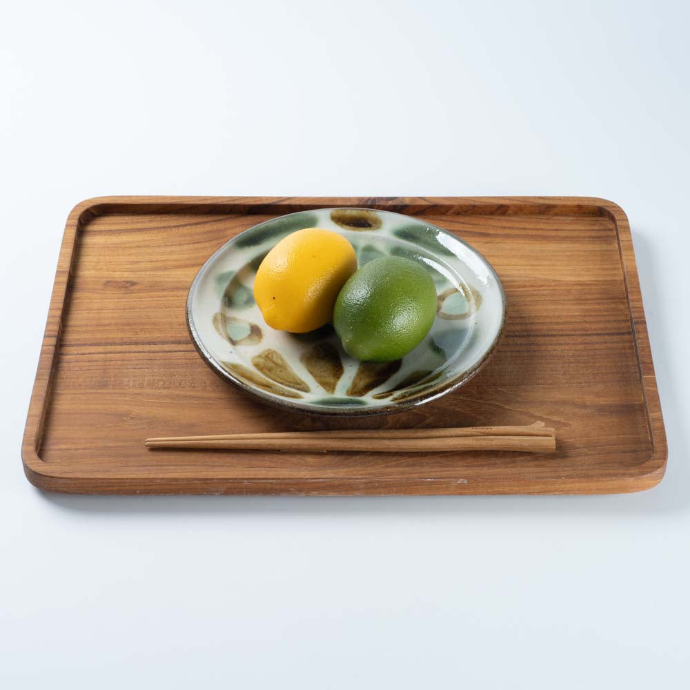 やちむん工房瀬底島ポタリー 六寸リムプレート 花柄ドット茶と緑 やちむん工房瀬底島ポタリー やちむん