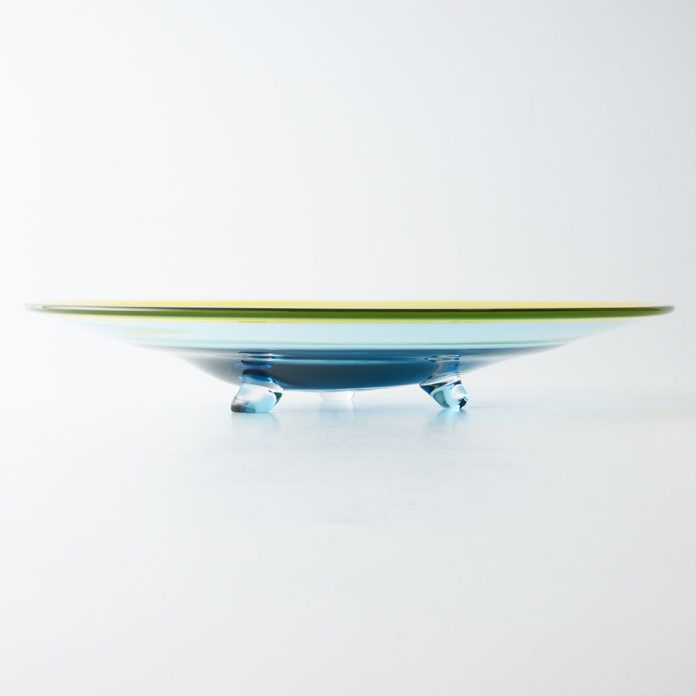 ガラス作家 梶原理恵子 三つ足バイカラープレート イエロー×ライトブルー ガラス作家 梶原理恵子 ガラスもの