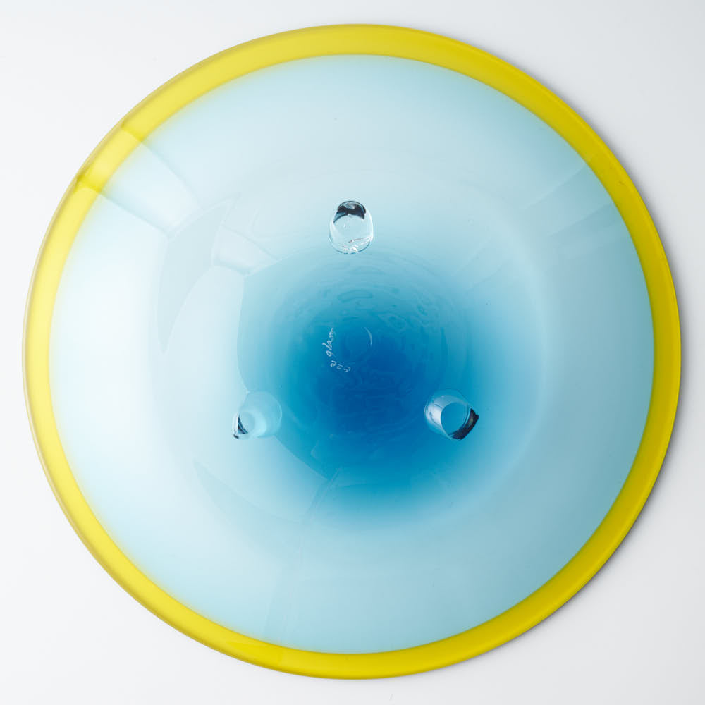ガラス作家 梶原理恵子 三つ足バイカラープレート イエロー×ライトブルー ガラス作家 梶原理恵子 ガラスもの