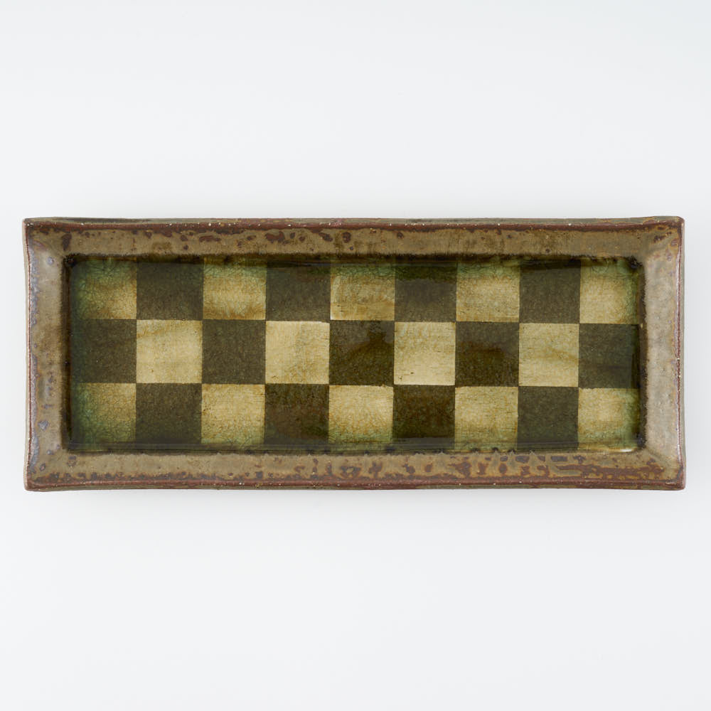 作家 小林哲生 灰釉市松文  長皿 作家 小林哲生 陶磁器作家もの