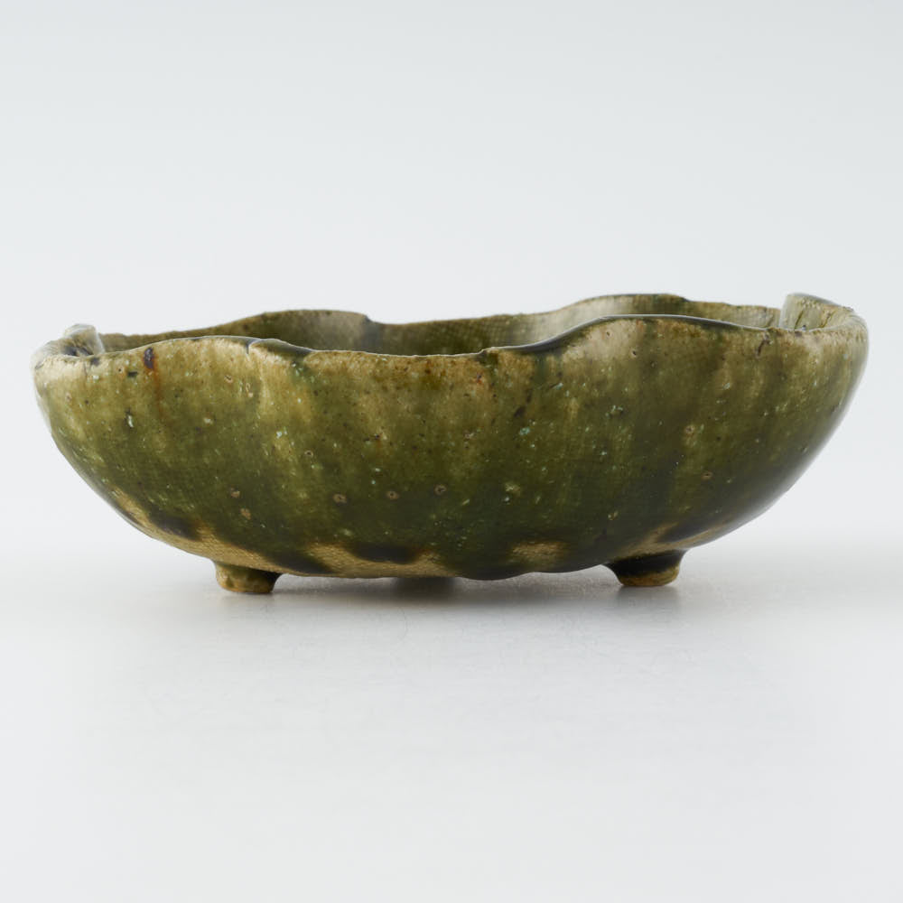 作家 棚橋淳 織部 足付花型鉢 作家 棚橋淳 陶磁器作家もの