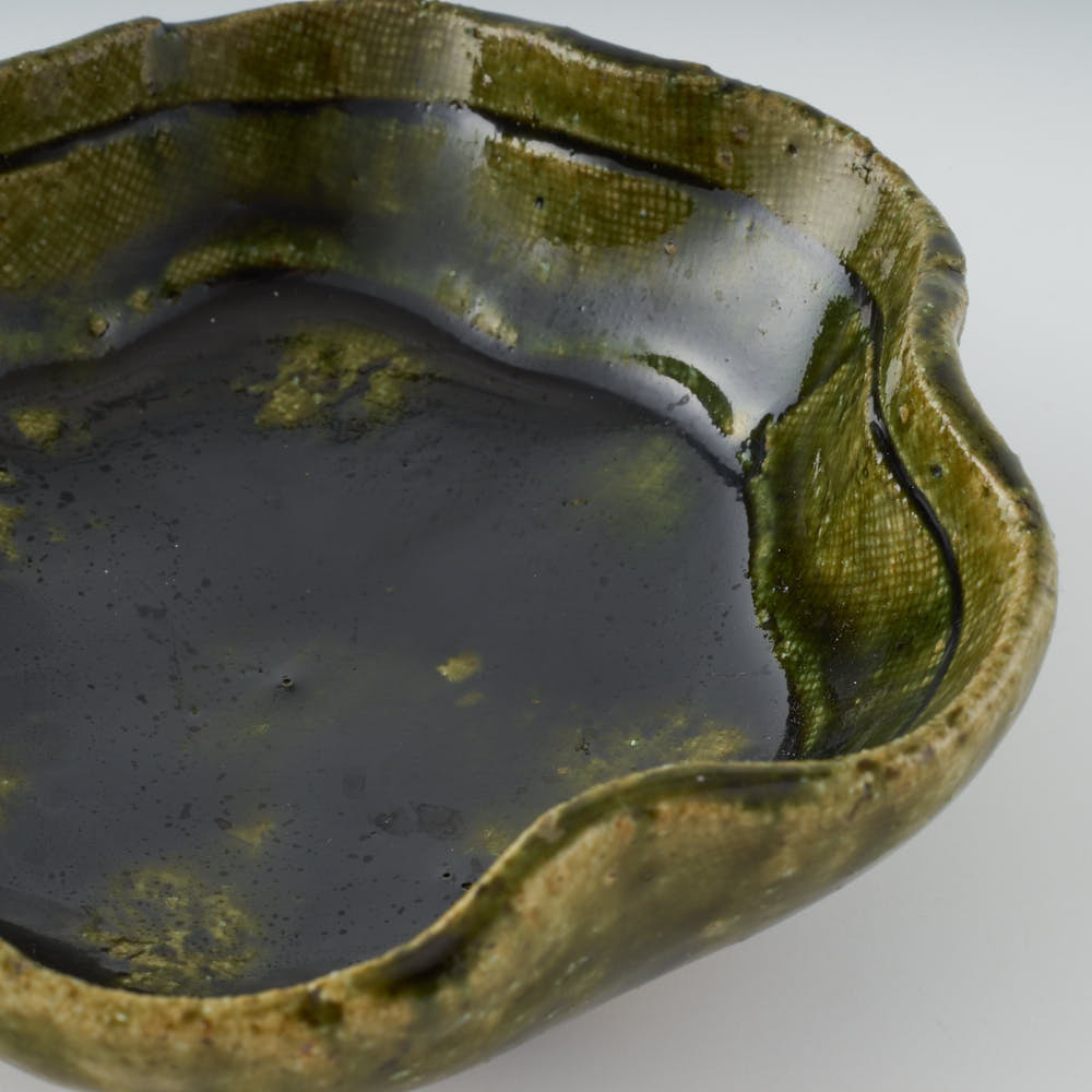 作家 棚橋淳 織部 足付花型鉢 作家 棚橋淳 陶磁器作家もの