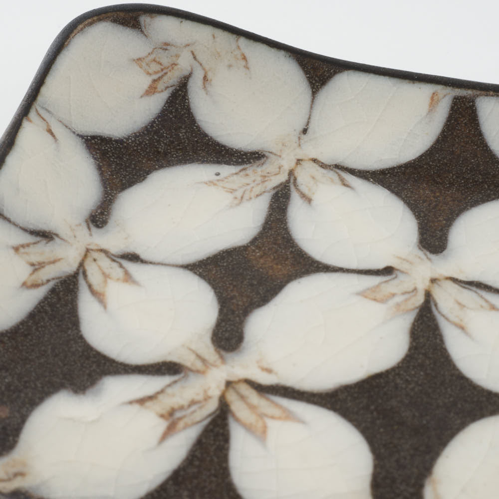 作家 園田空也 スリップウェア 角皿 白花 生楽陶苑 陶磁器作家もの