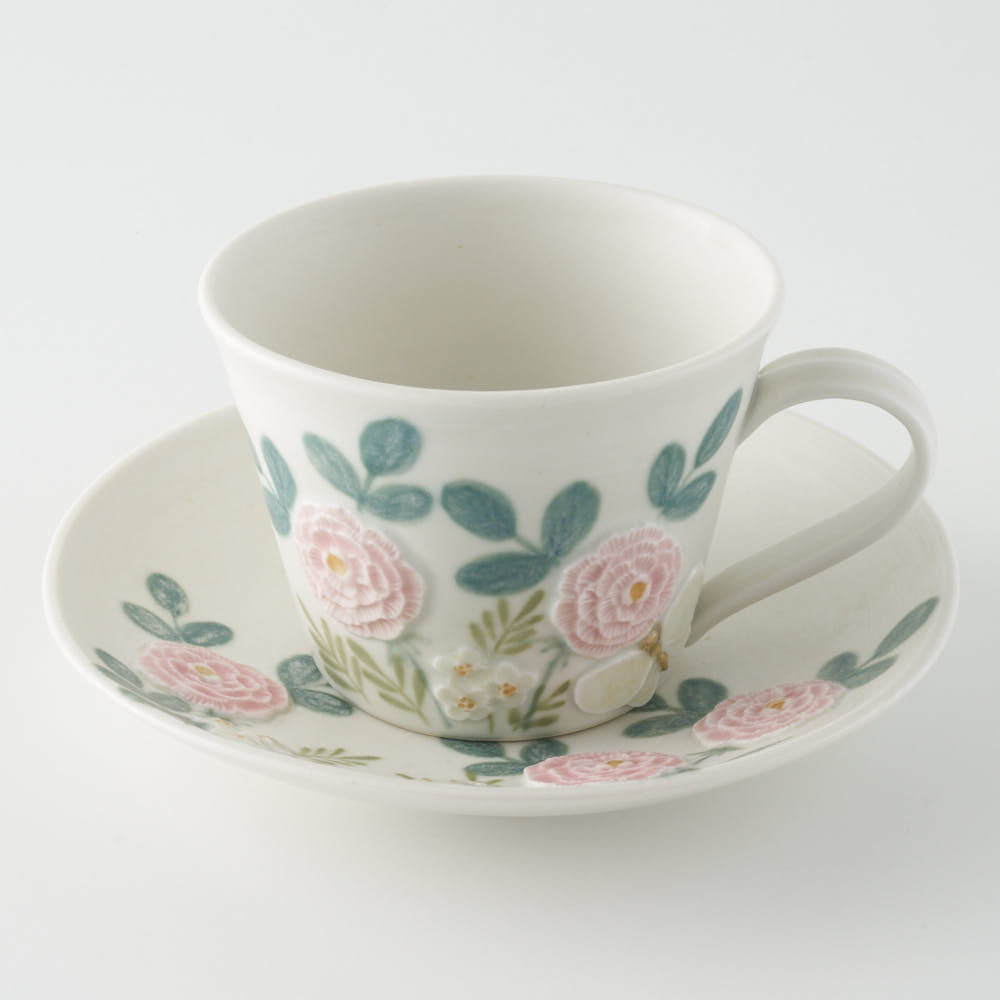 作家 森本静花 貼花文 カップ&ソーサ―(バラ・蝶)