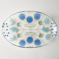 ガラス作家 沖知江子 植物紋 楕円皿 大 青 ガラス作家 沖知江子 ガラスもの