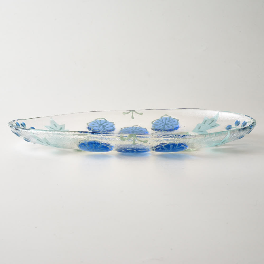 ガラス作家 沖知江子 植物紋 楕円皿 大 青 ガラス作家 沖知江子 ガラスもの