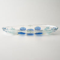 ガラス作家 沖知江子 植物紋 楕円皿 大 青 ガラス作家 沖知江子 ガラスもの