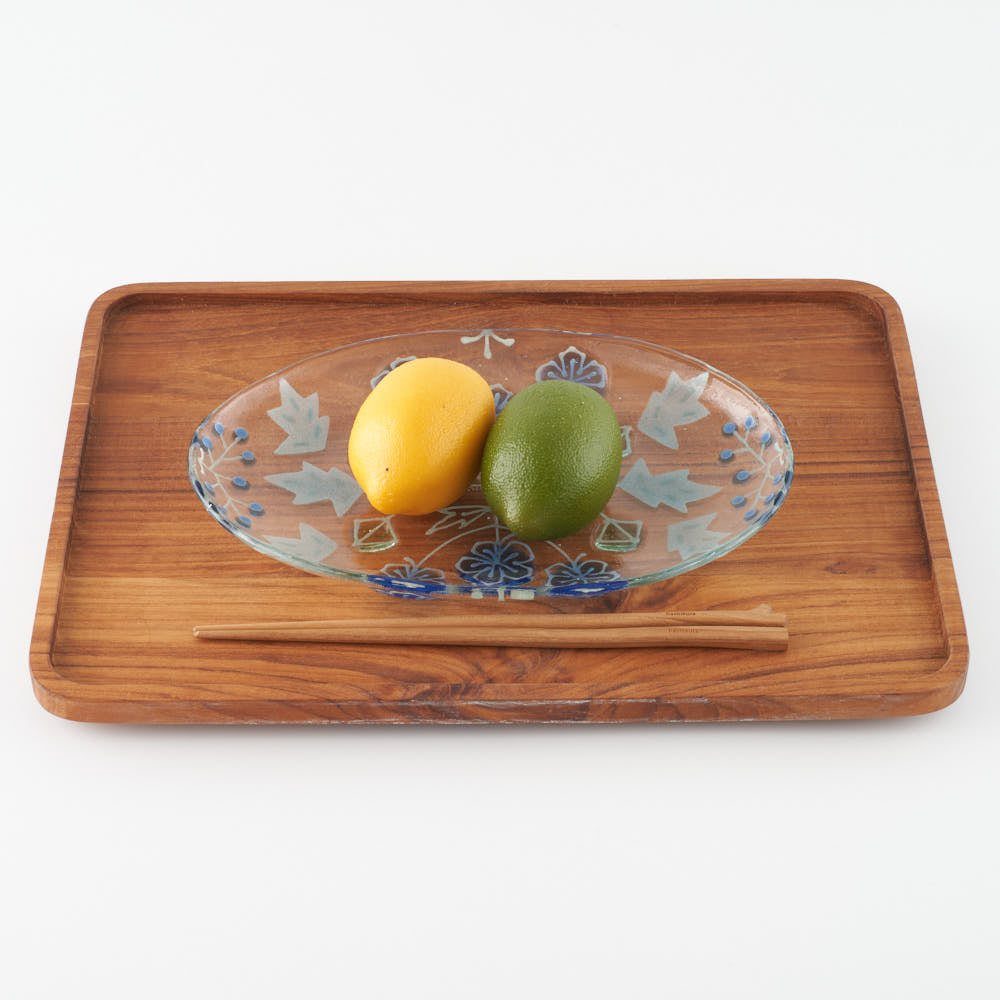 ガラス作家 沖知江子 植物紋 楕円皿 大 青 ガラス作家 沖知江子 ガラスもの