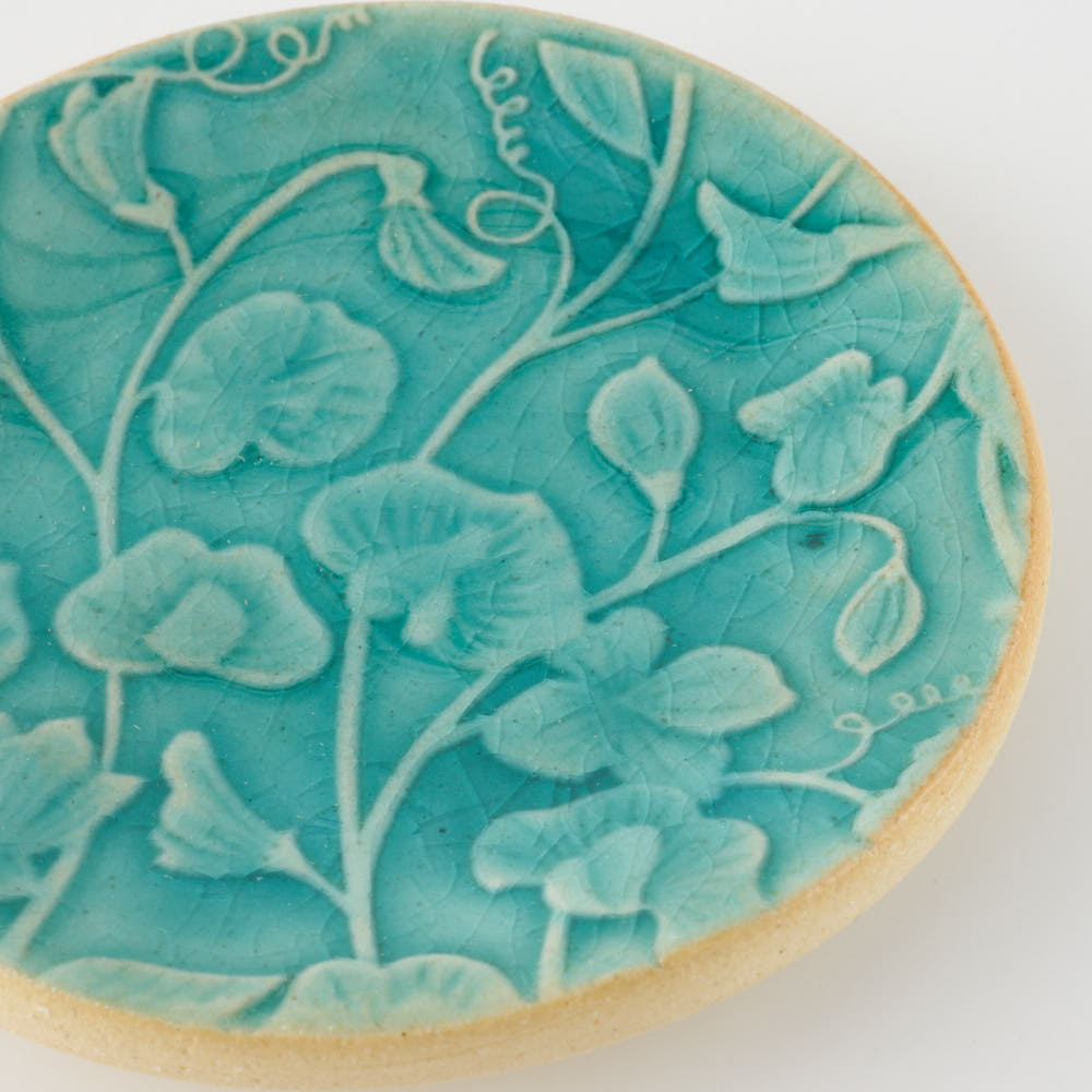 作家 タカハラユカ 押花豆皿 turky blue 作家 タカハラユカ 陶磁器作家もの