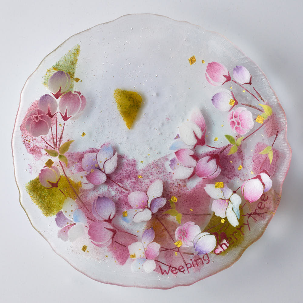 APLICO GLASS 枝垂れ桜金色花吹雪硝子丸皿 APLICO GLASS ガラスもの