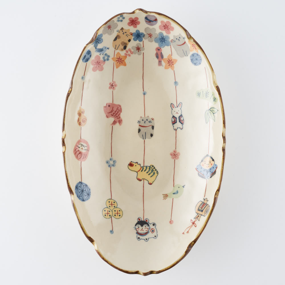 作家 大場紀穂子 猫の吊し飾り楕円鉢 作家 大場紀穂子 陶磁器作家もの