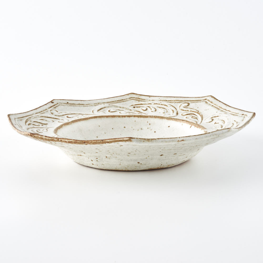 作家 古角志奈帆 流線文八角くぼみ鉢 white brown 作家 古角志奈帆 陶磁器作家もの