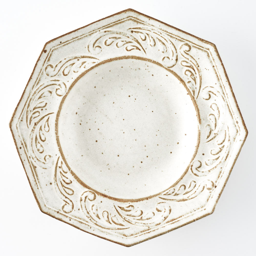 作家 古角志奈帆 流線文八角くぼみ鉢 white brown 作家 古角志奈帆 陶磁器作家もの