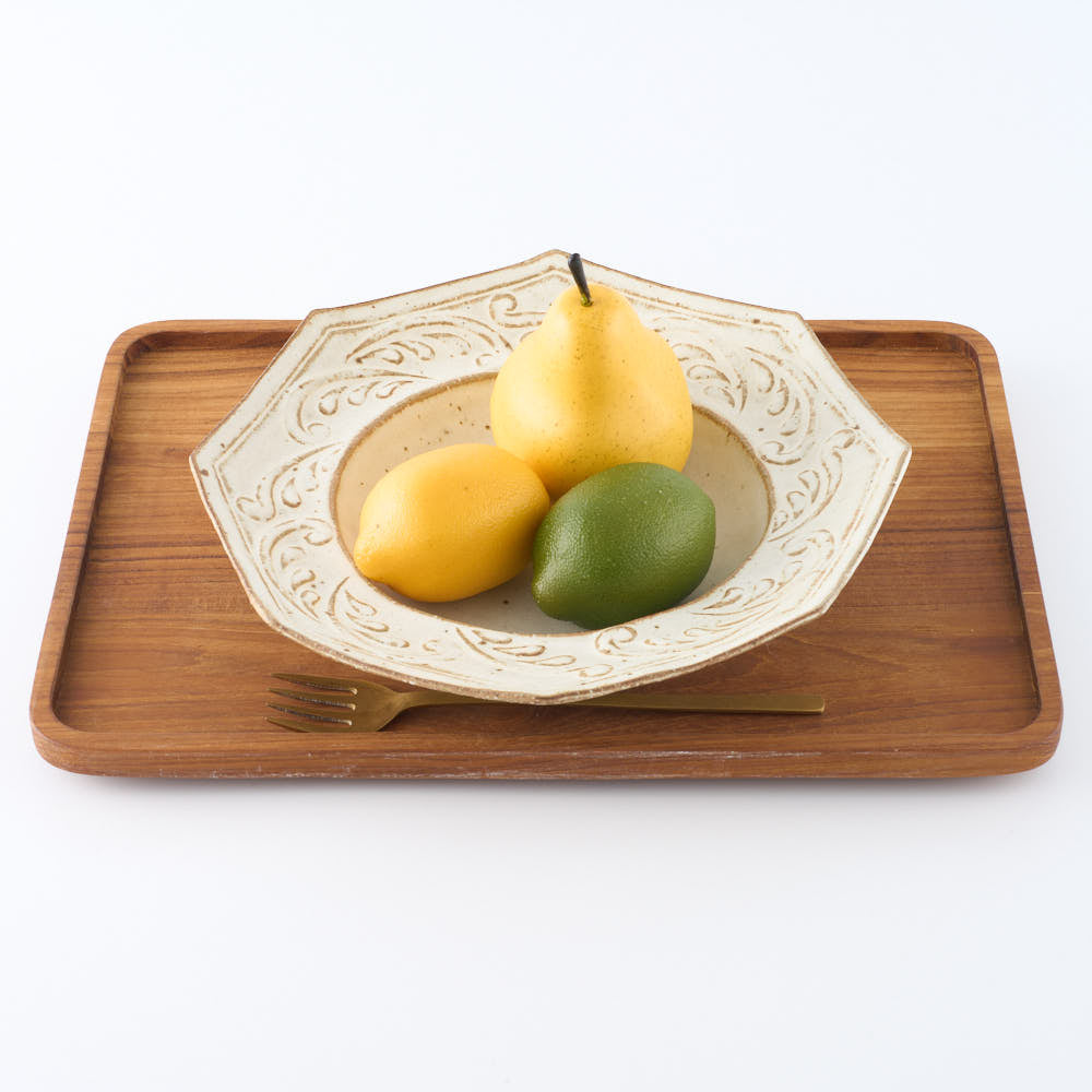 作家 古角志奈帆 流線文八角くぼみ鉢 white brown 作家 古角志奈帆 陶磁器作家もの