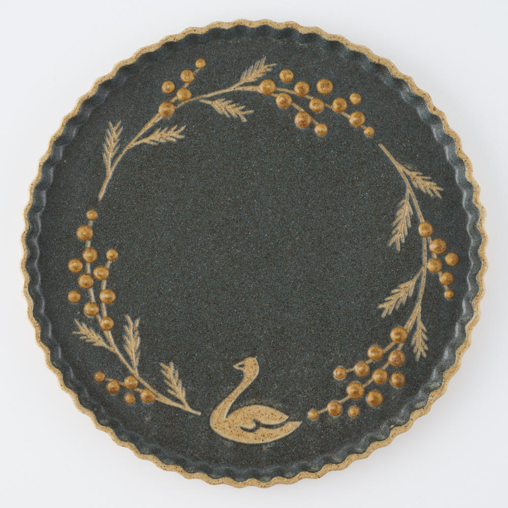 作家 田中遼馬 なみなみプレート195mm/ミモザ白鳥/ネイビー 苔色工房 陶磁器作家もの