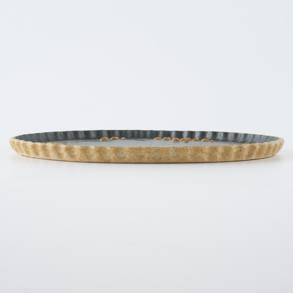 作家 田中遼馬 なみなみプレート195mm/ミモザ白鳥/ネイビー 苔色工房 陶磁器作家もの