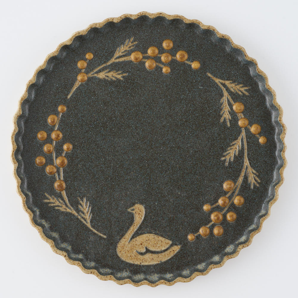 作家 田中遼馬 なみなみプレート160mm/ミモザ白鳥/ネイビー 苔色工房 陶磁器作家もの