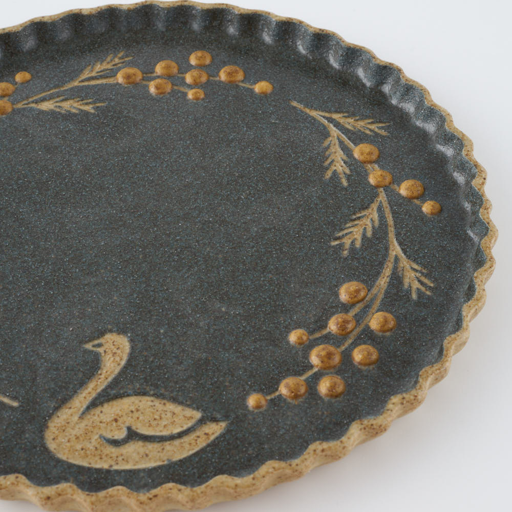 作家 田中遼馬 なみなみプレート160mm/ミモザ白鳥/ネイビー 苔色工房 陶磁器作家もの