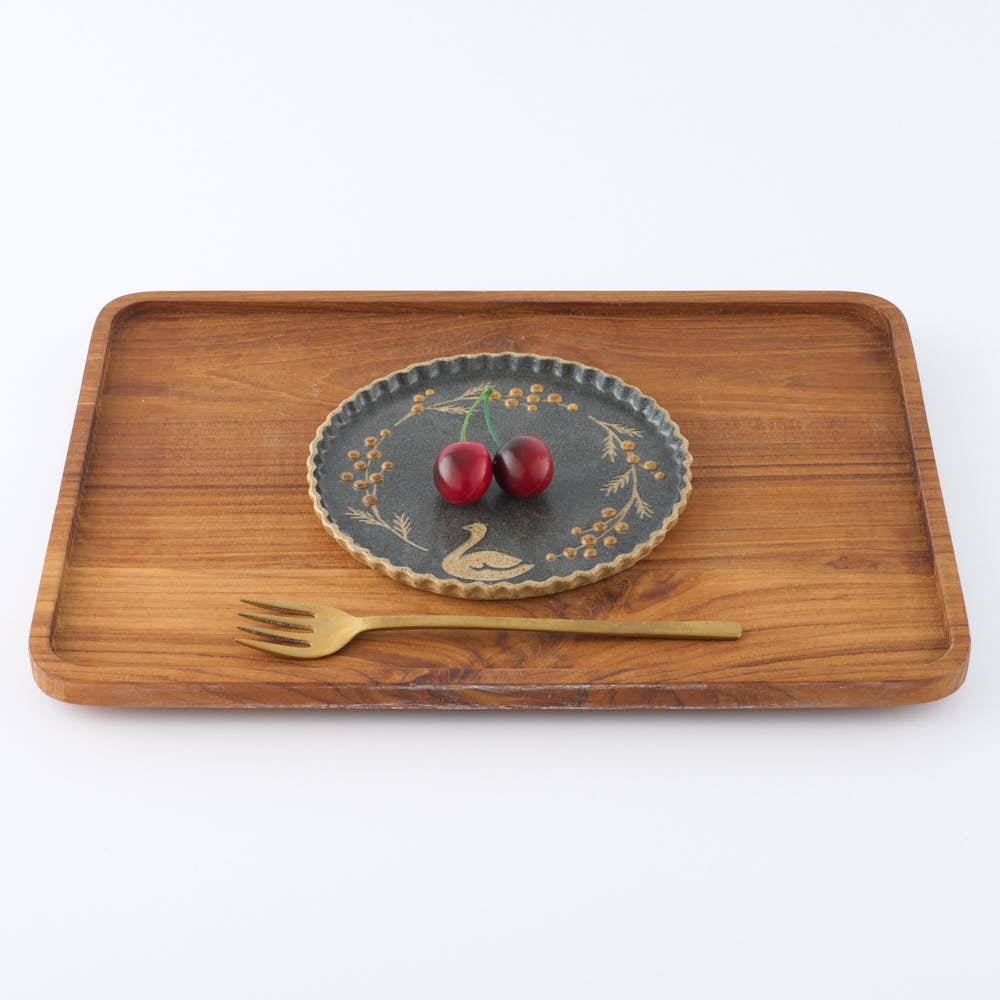 作家 田中遼馬 なみなみプレート160mm/ミモザ白鳥/ネイビー 苔色工房 陶磁器作家もの