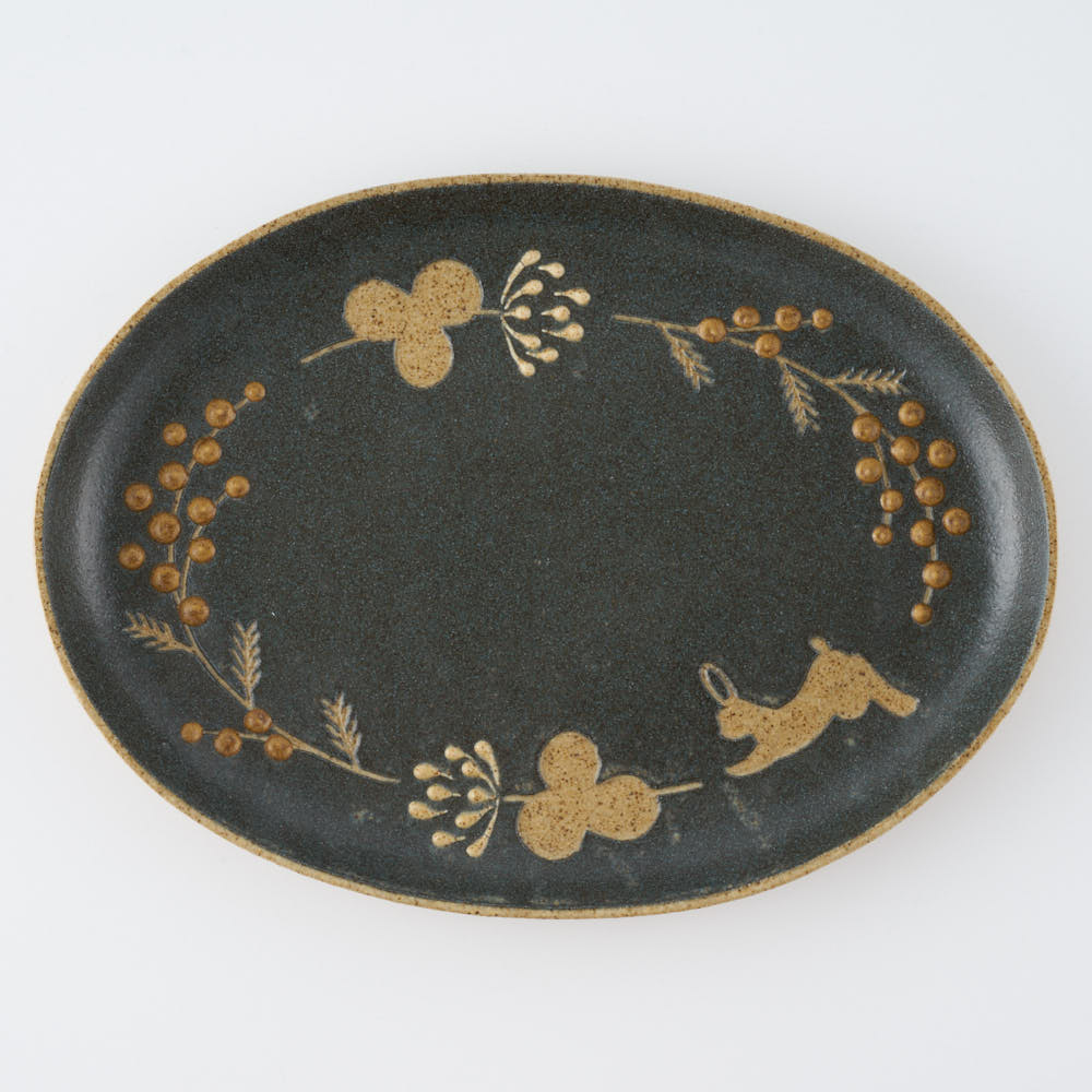 作家 田中遼馬 オーバルプレート/ミモザクローバーウサギ/ネイビー 苔色工房 陶磁器作家もの