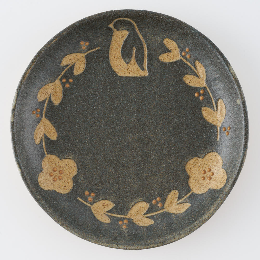 作家 田中遼馬 丸プレート150mm/ペンギンリース/ネイビー 苔色工房 陶磁器作家もの