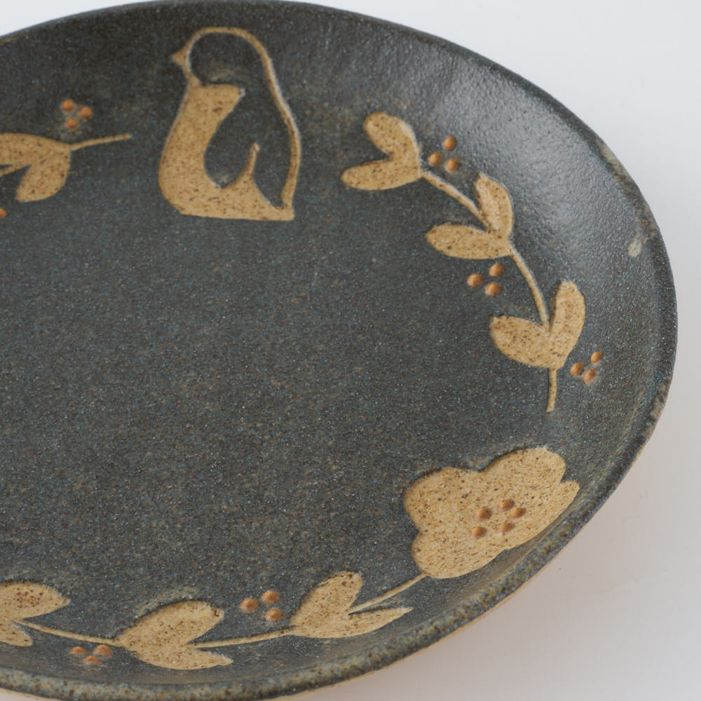 作家 田中遼馬 丸プレート150mm/ペンギンリース/ネイビー 苔色工房 陶磁器作家もの