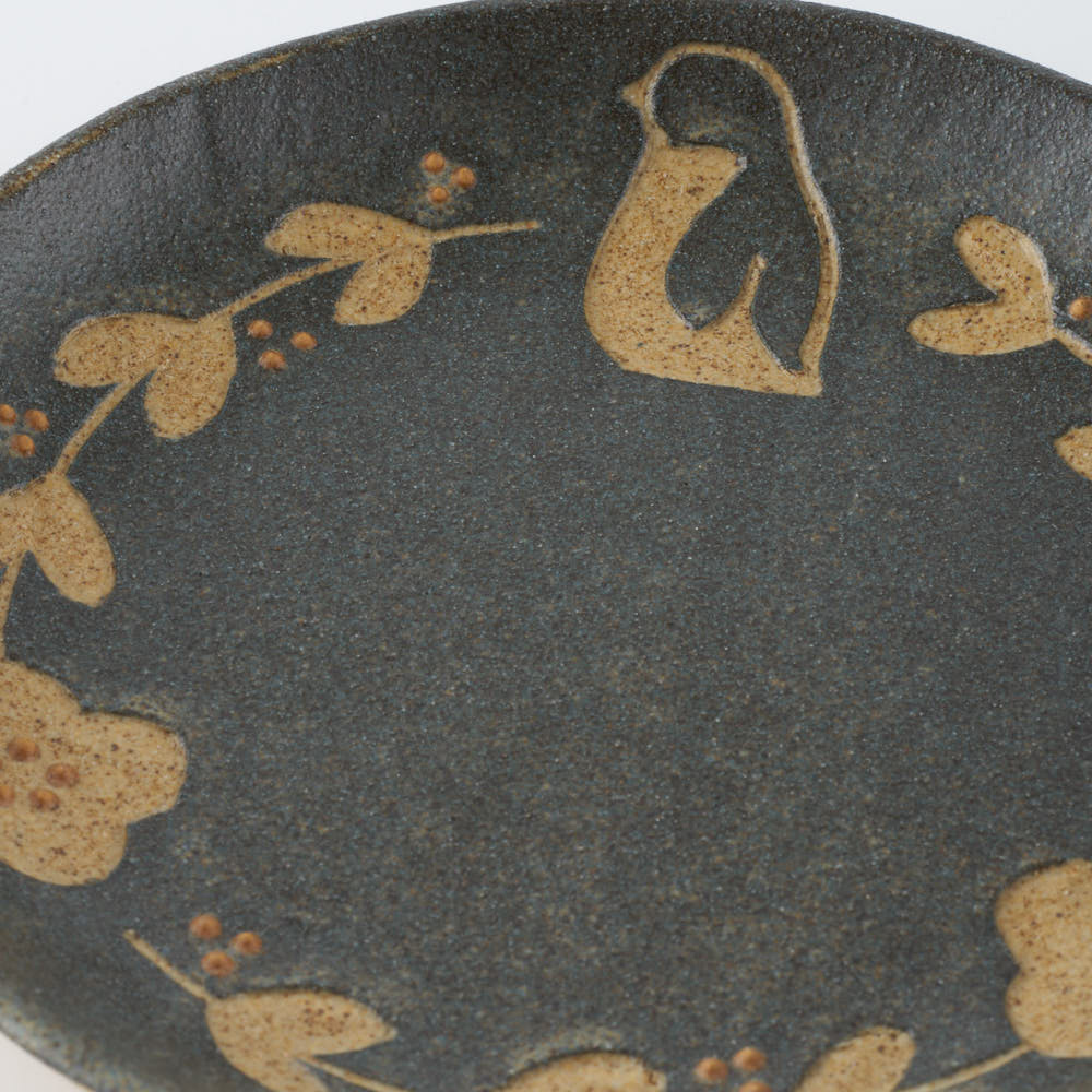 作家 田中遼馬 丸プレート150mm/ペンギンリース/ネイビー 苔色工房 陶磁器作家もの