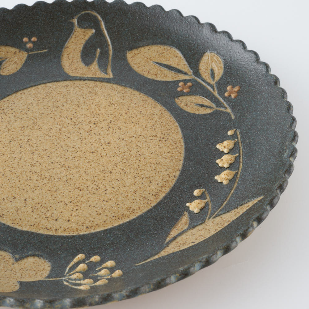 作家 田中遼馬 なみなみ丸プレート200mm/ペンギンリース/ネイビー 苔色工房 陶磁器作家もの