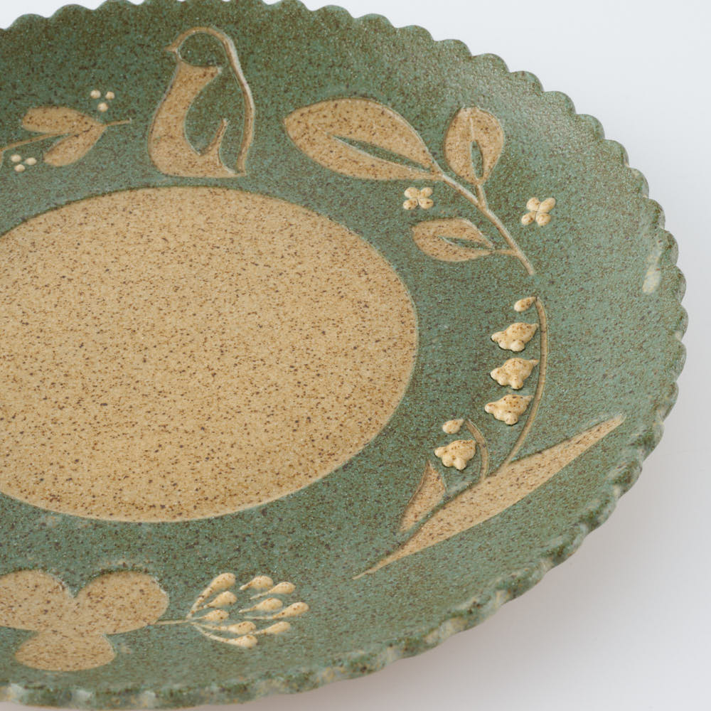 作家 田中遼馬 なみなみ丸プレート200mm/ペンギンリース/ミントグリーン 苔色工房 陶磁器作家もの