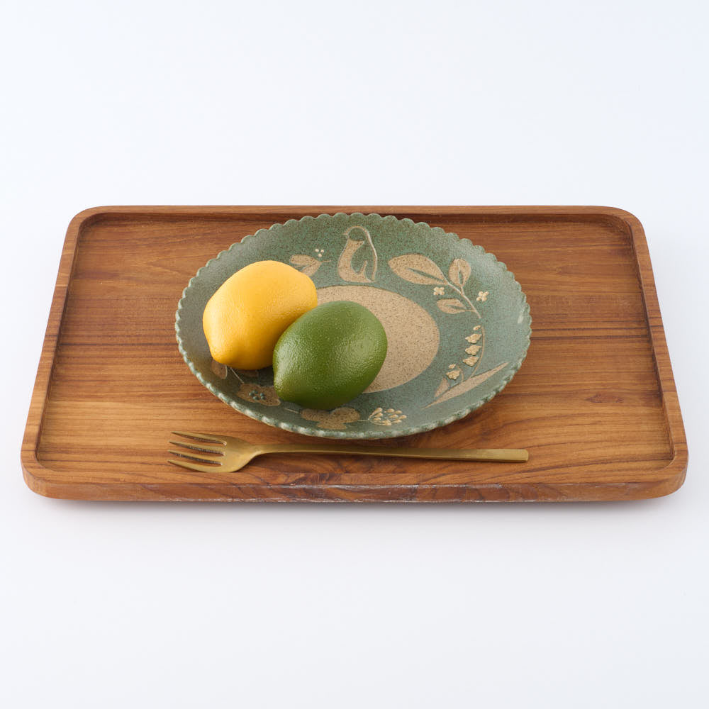 作家 田中遼馬 なみなみ丸プレート200mm/ペンギンリース/ミントグリーン 苔色工房 陶磁器作家もの