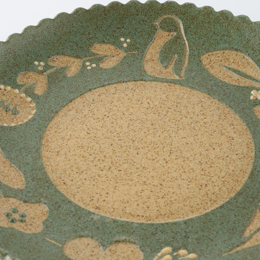 作家 田中遼馬 なみなみ丸プレート200mm/ペンギンリース/ミントグリーン 苔色工房 陶磁器作家もの