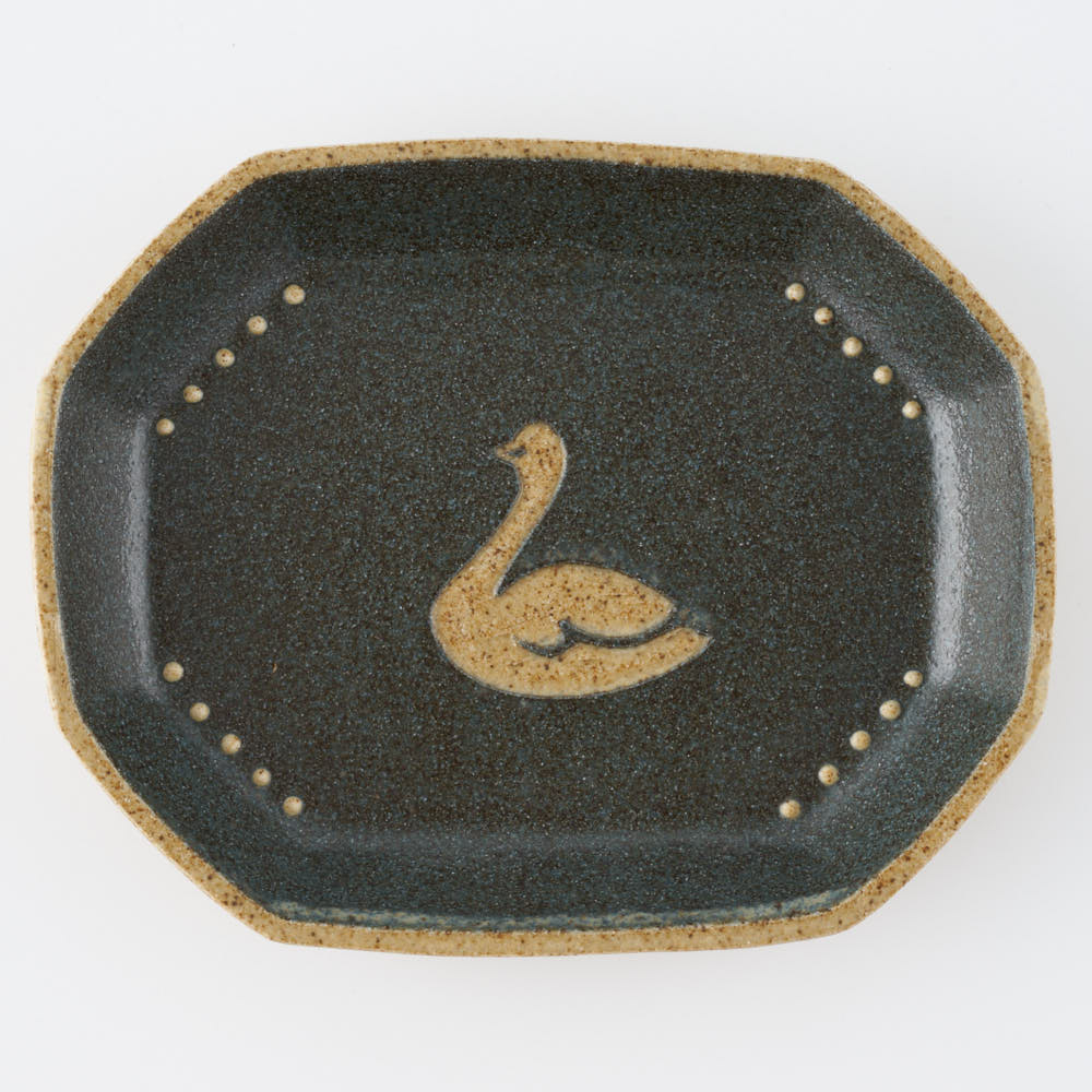 作家 田中遼馬 長八角小皿/白鳥/ネイビー 苔色工房 陶磁器作家もの