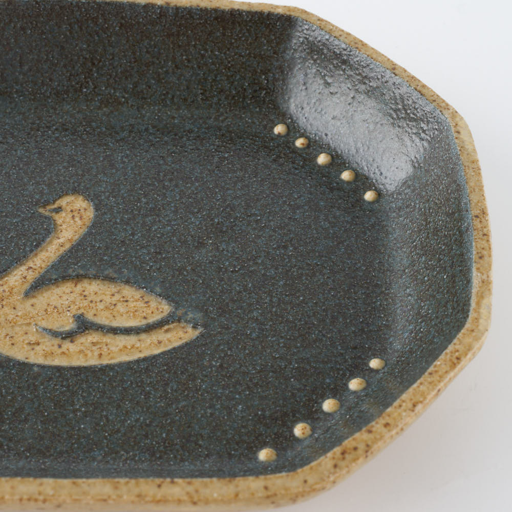 作家 田中遼馬 長八角小皿/白鳥/ネイビー 苔色工房 陶磁器作家もの