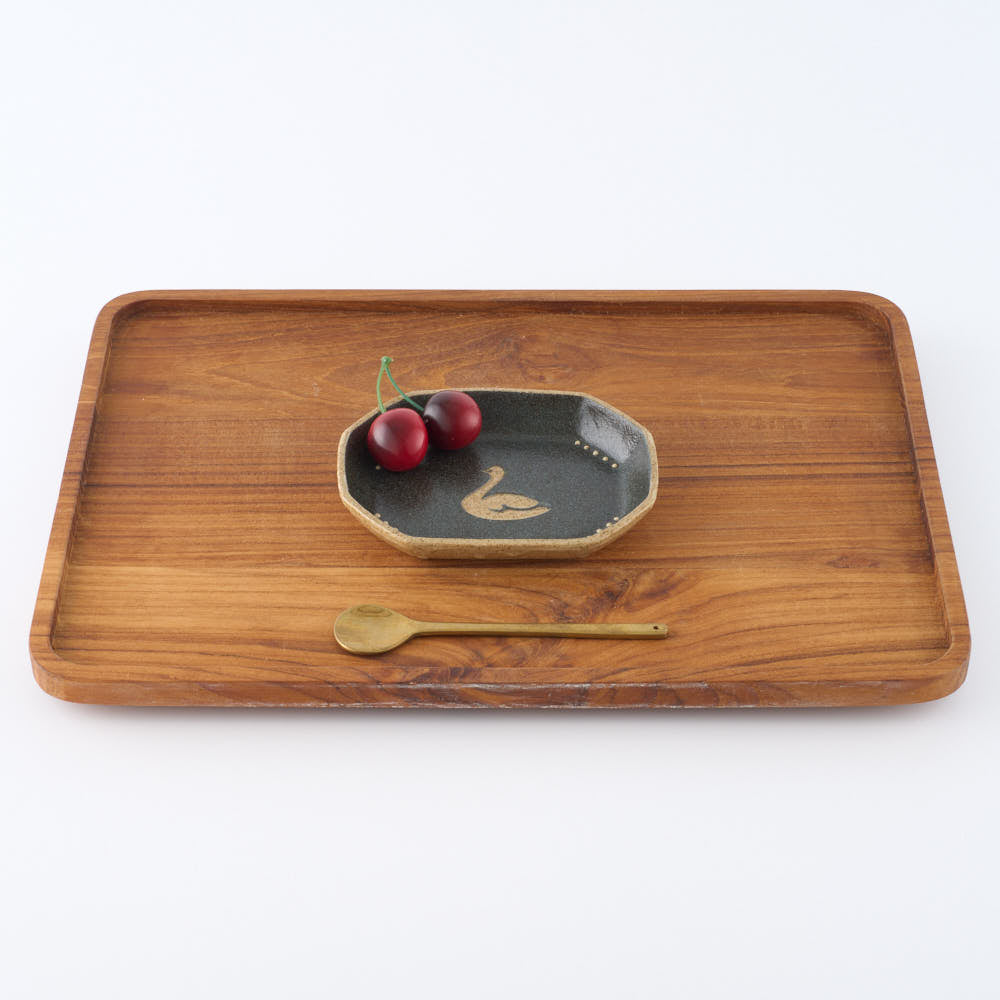 作家 田中遼馬 長八角小皿/白鳥/ネイビー 苔色工房 陶磁器作家もの