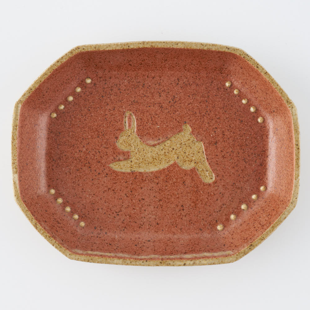 作家 田中遼馬 長八角小皿/ウサギ/コーラルピンク 苔色工房 陶磁器作家もの