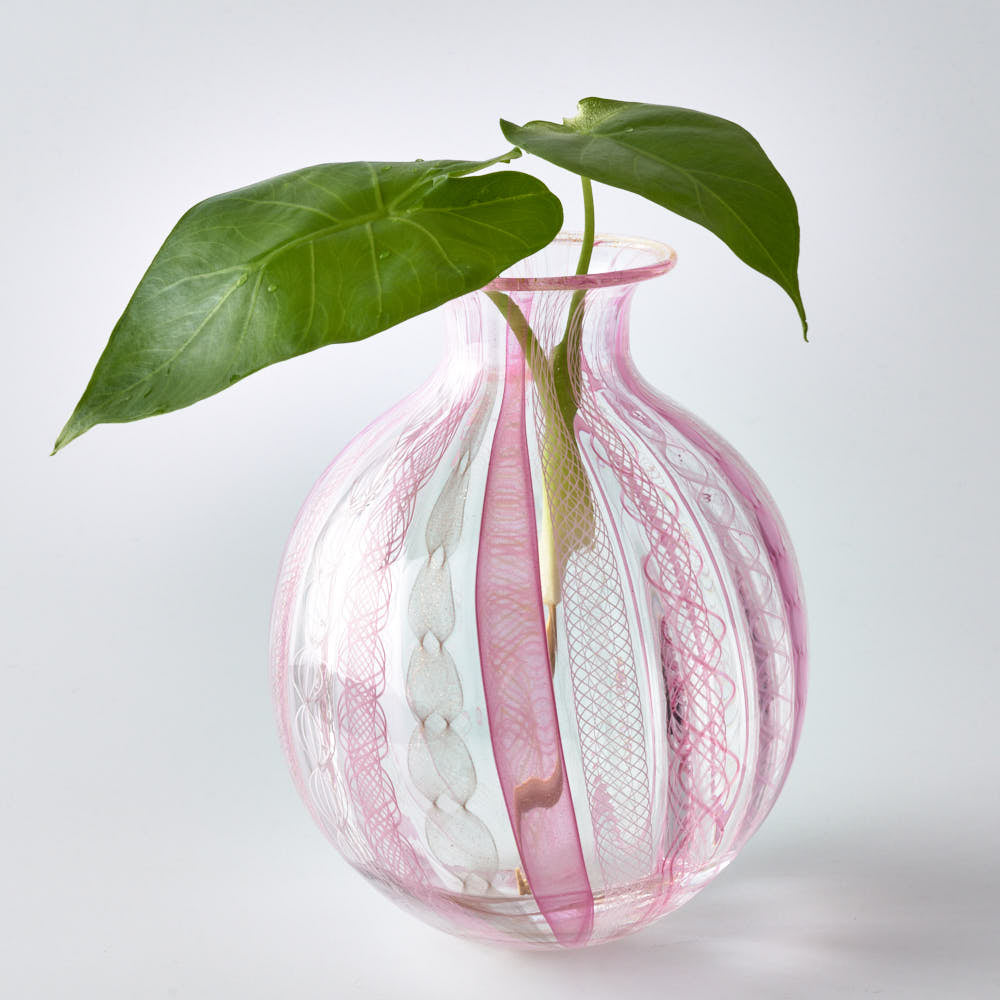 ガラス作家 北形槙子 彩色LACE round vase(PK/WH) ガラス作家 北形槙子 ガラスもの