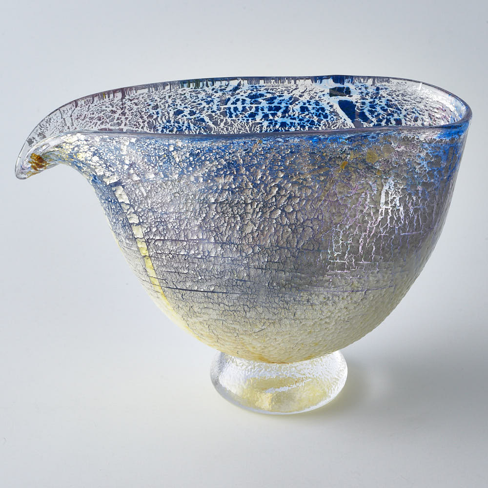 岩田　ガラス　優しい青　銀箔　工房　作家１点もの　花器　アート 岩田 ガラス 優しい青 銀箔 工房 作家1点もの 花器 アート