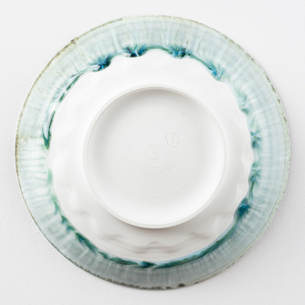 作家 西隆行 花紋皿 流釉深緑 作家 西隆行 陶磁器作家もの