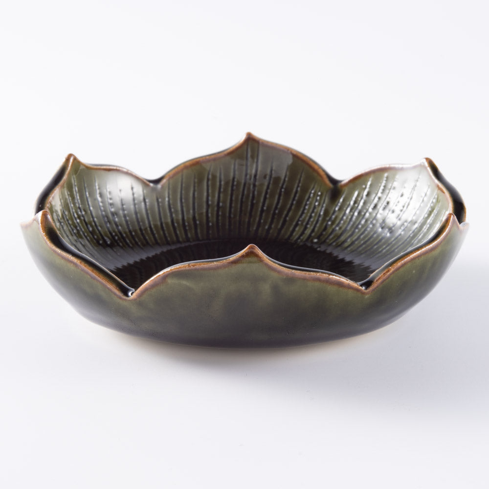 三川内焼 玉峰窯 織部釉ハス型小鉢 三川内焼 玉峰窯 三川内焼