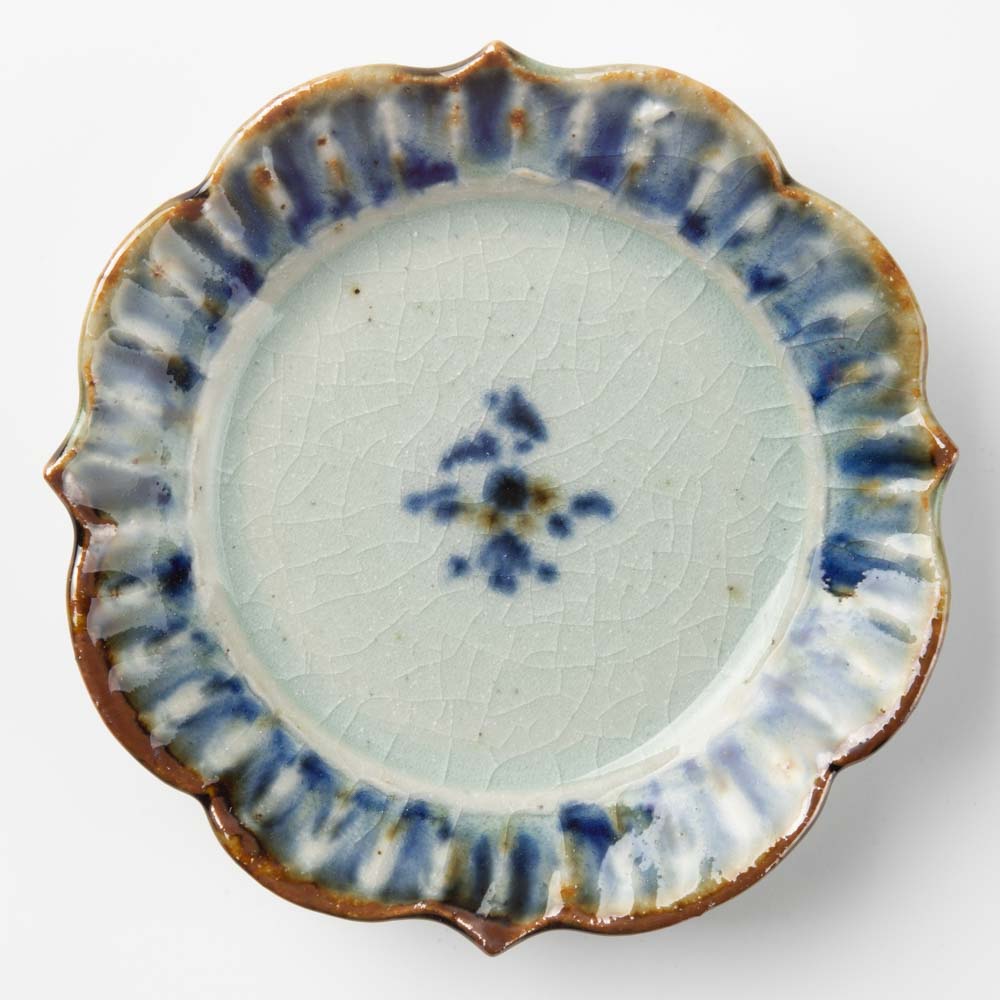 砥部焼 陶房遊 3寸輪花リム皿 錆青 砥部焼 陶房遊 砥部焼