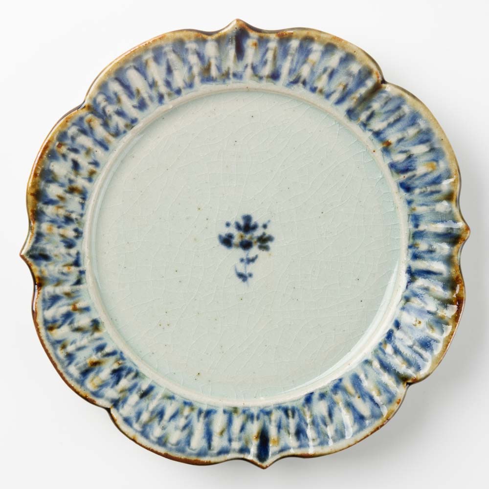 砥部焼 陶房遊 6.5寸輪花リム皿 錆青 砥部焼 陶房遊 砥部焼