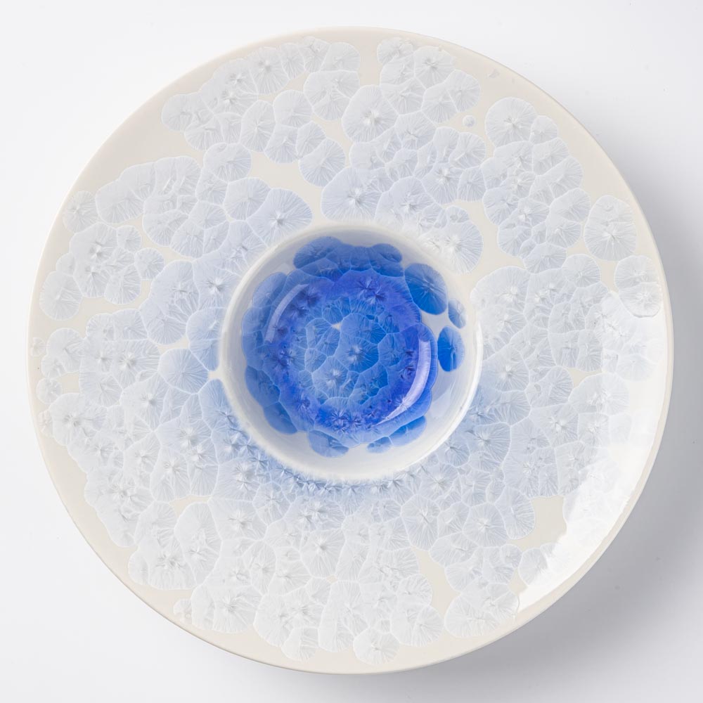 京焼・清水焼 陶あん 花結晶 リム皿(青白) 京焼・清水焼 陶あん 京焼・清水焼