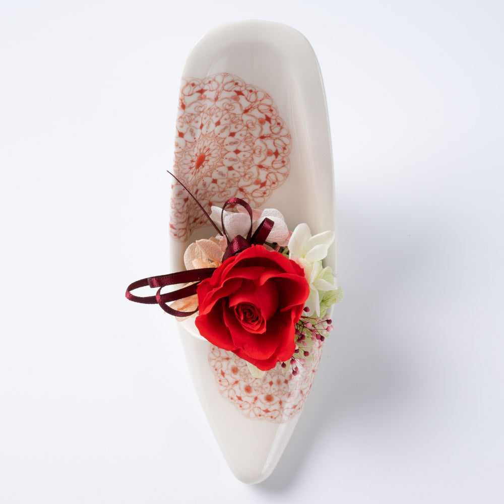 九谷焼 九谷結窯 ハイヒール&プリザーブドフラワー 赤レース柄 赤