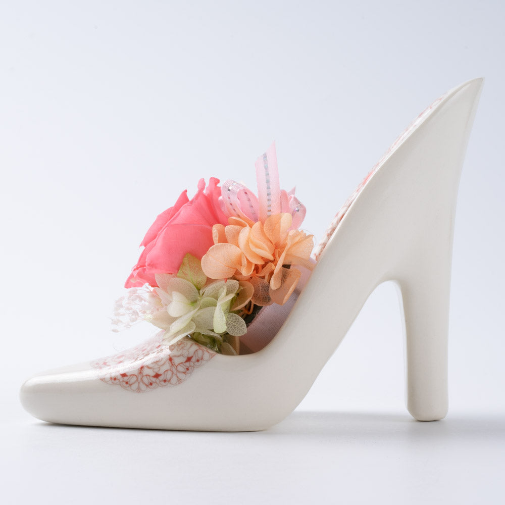 九谷焼 九谷結窯 ハイヒール&プリザーブドフラワー 赤レース柄 ピンク