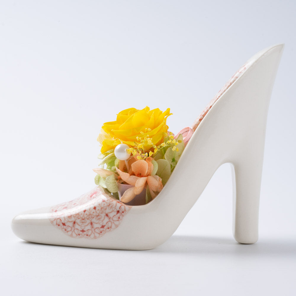 九谷焼 九谷結窯 ハイヒール&プリザーブドフラワー 赤レース柄 黄