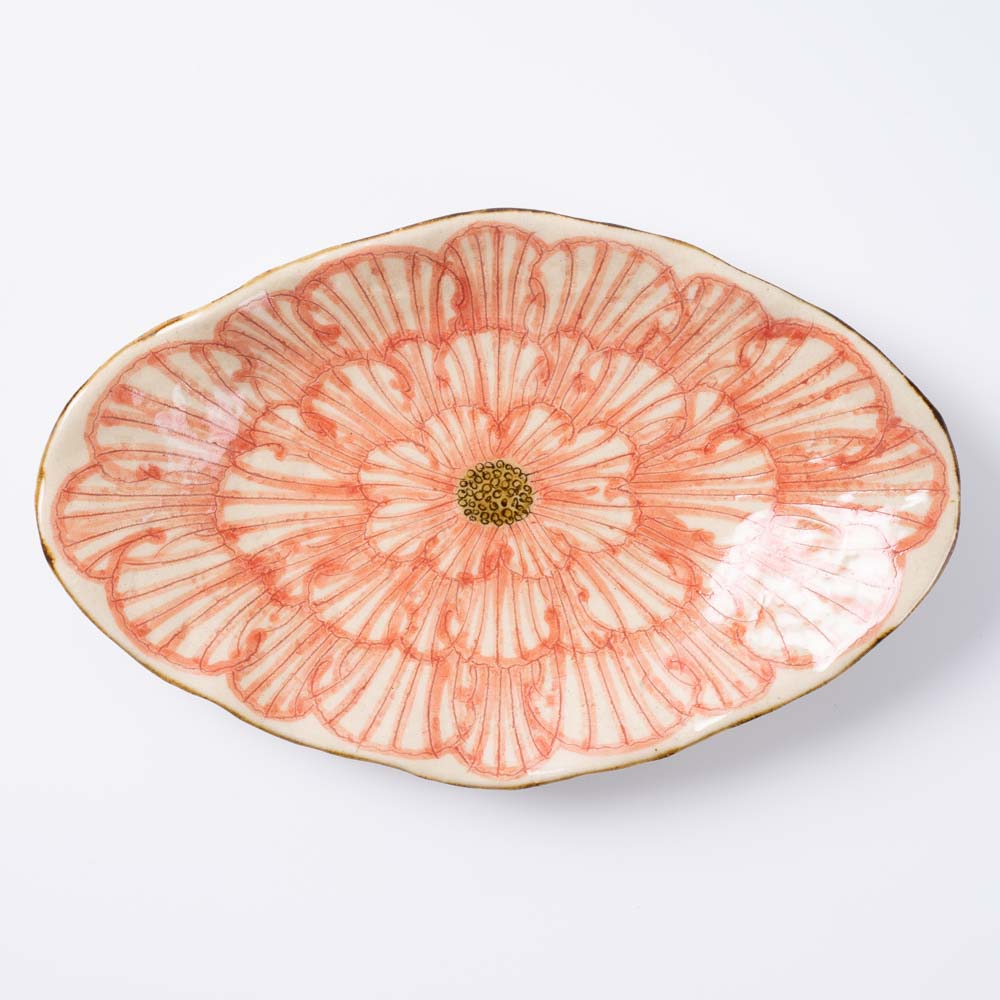 作家 加藤芳平 牡丹花 舟形皿(赤) 作家 加藤芳平 陶磁器作家もの