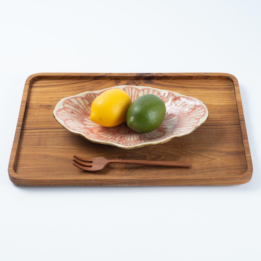 作家 加藤芳平 牡丹花 舟形皿(赤) 作家 加藤芳平 陶磁器作家もの